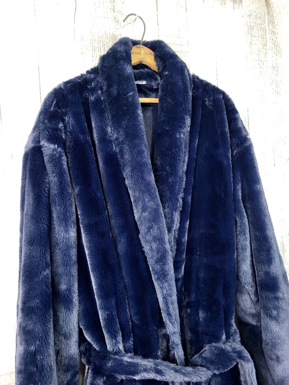 Minky Couture Plush Faux Fur Navy Bkue Robe Coat with Belt XL - Picture 3 of 10